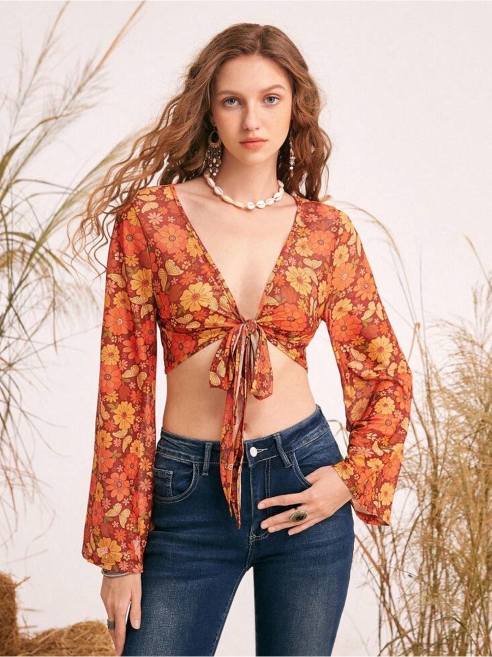Floral Tie-Front Crop Top - Orange